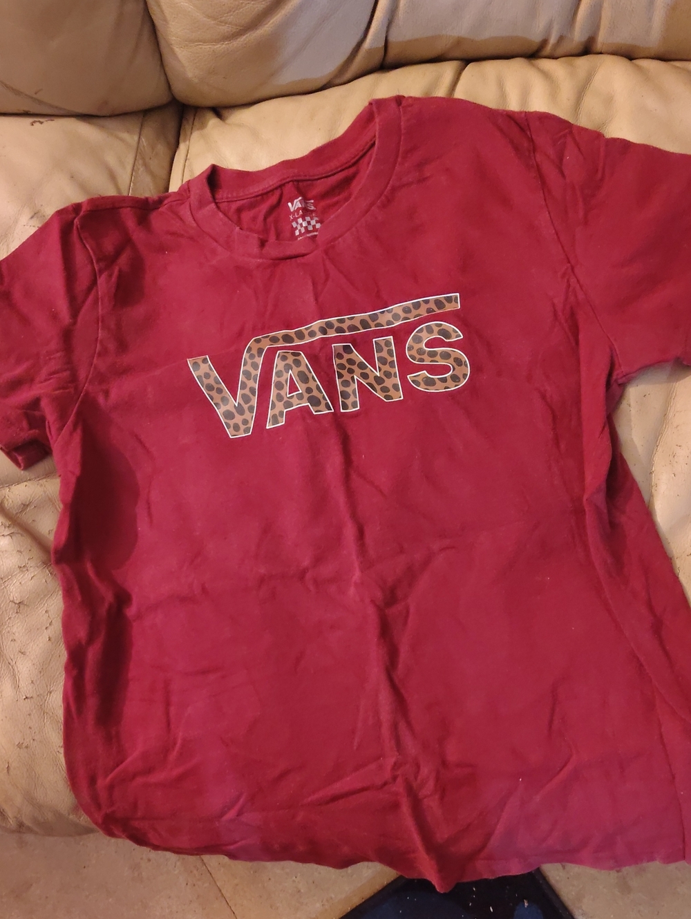 Vans Woman's Burgundy Tee with Leopard Patterned Logo